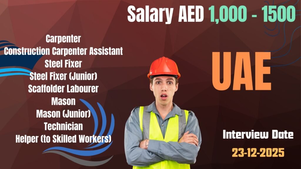 UAE Construction Jobs Walk In Interview 2025 Salary up to AED 1,500 | Rajasthan