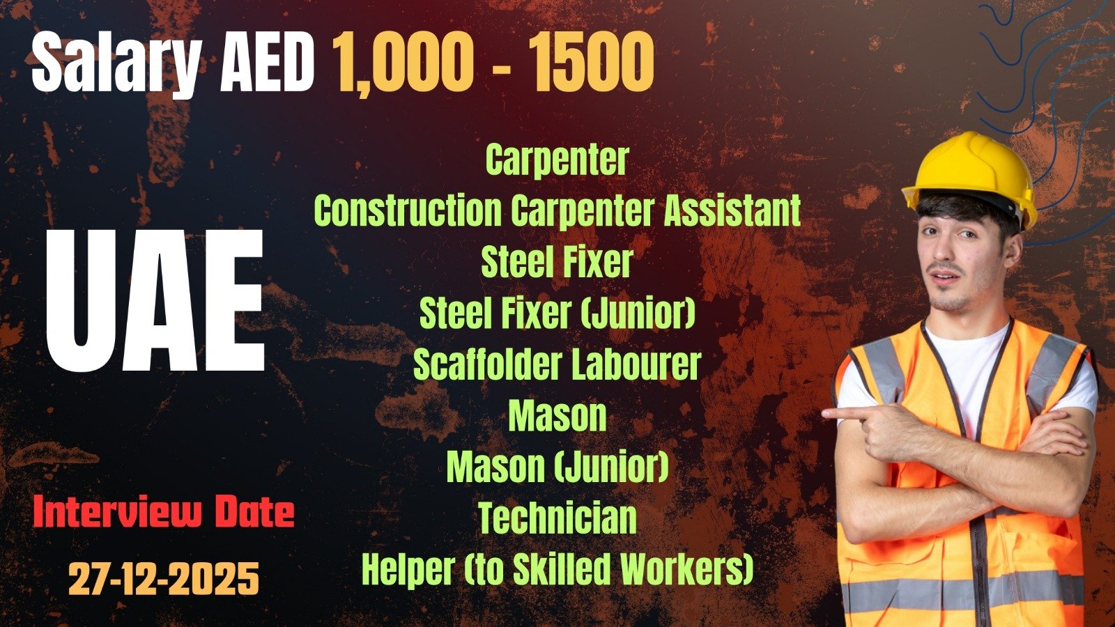 UAE Construction Jobs Walk In Interview 2025 in Punjab – Salary up to AED 1,500