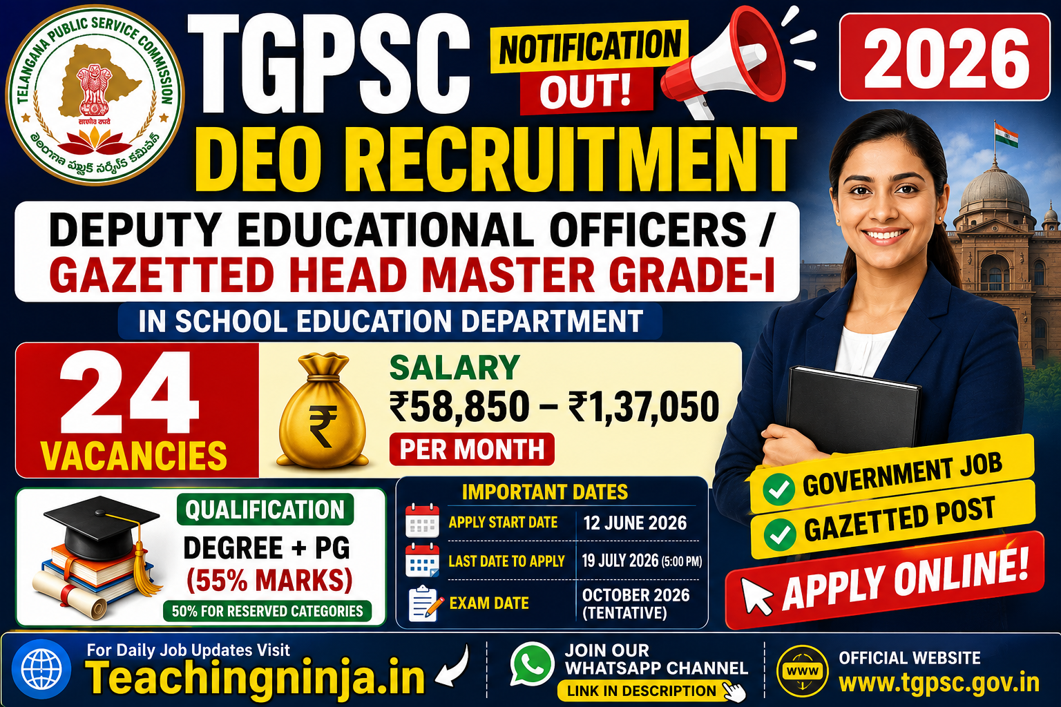 TGPSC DEO Recruitment 2026 Apply Online For 24 Deputy Education Officer Posts | Salary ₹58,850 to ₹1,37,050