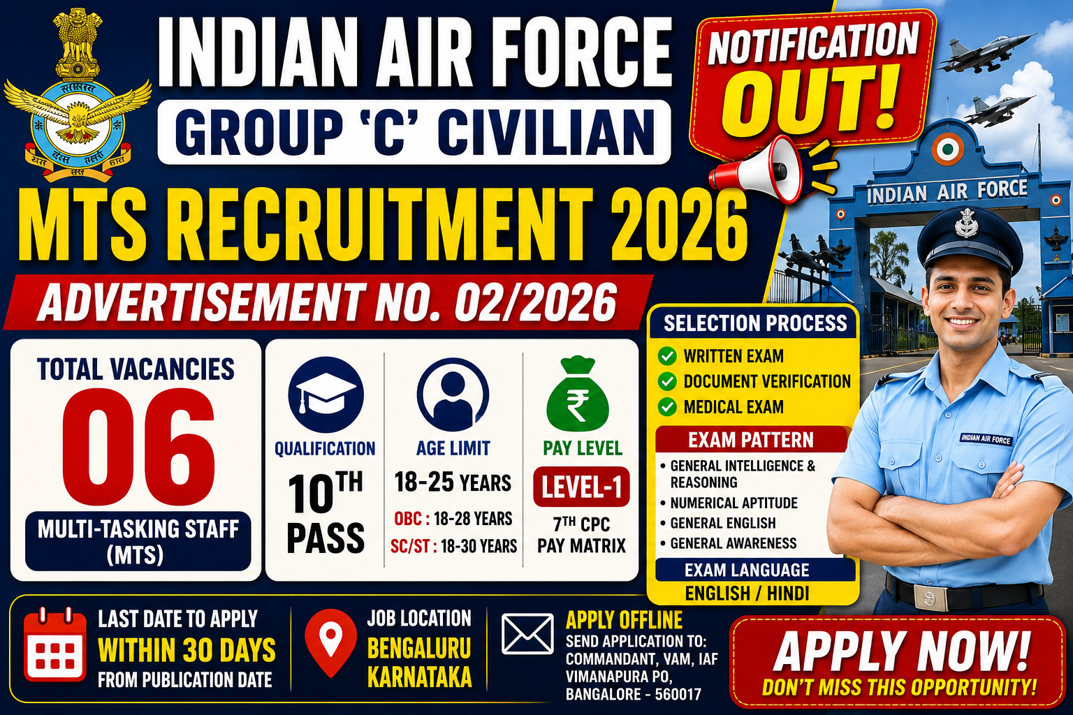 Indian Air Force MTS Recruitment 2026 | 06 Vacancies For Group C Civilian | 10th Pass | Apply Offline