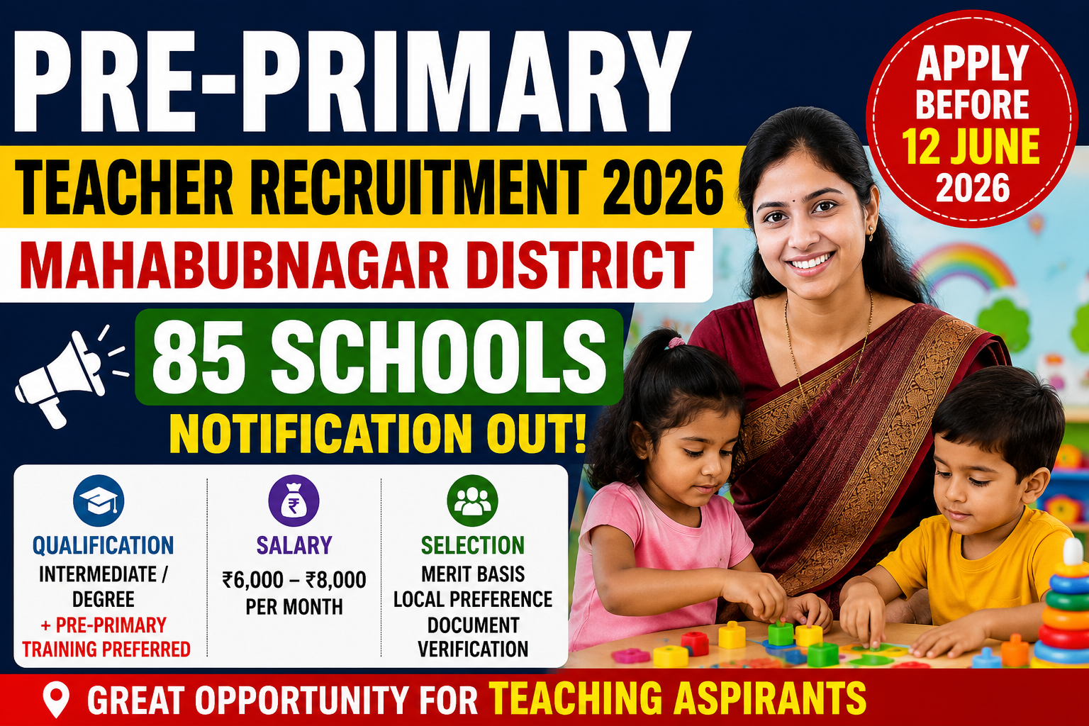 Mahabubnagar Pre-Primary Teacher Recruitment 2026 Notification Released | 85 Schools Selected