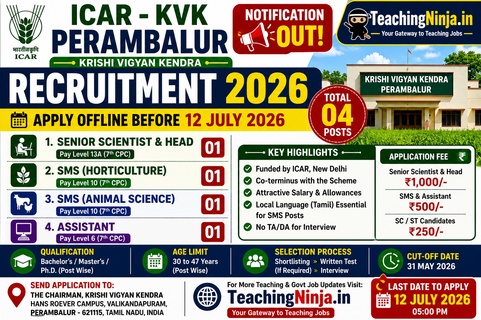 ICAR KVK Perambalur Recruitment 2026 Apply Offline for 04 Posts | Senior Scientist, SMS & Assistant