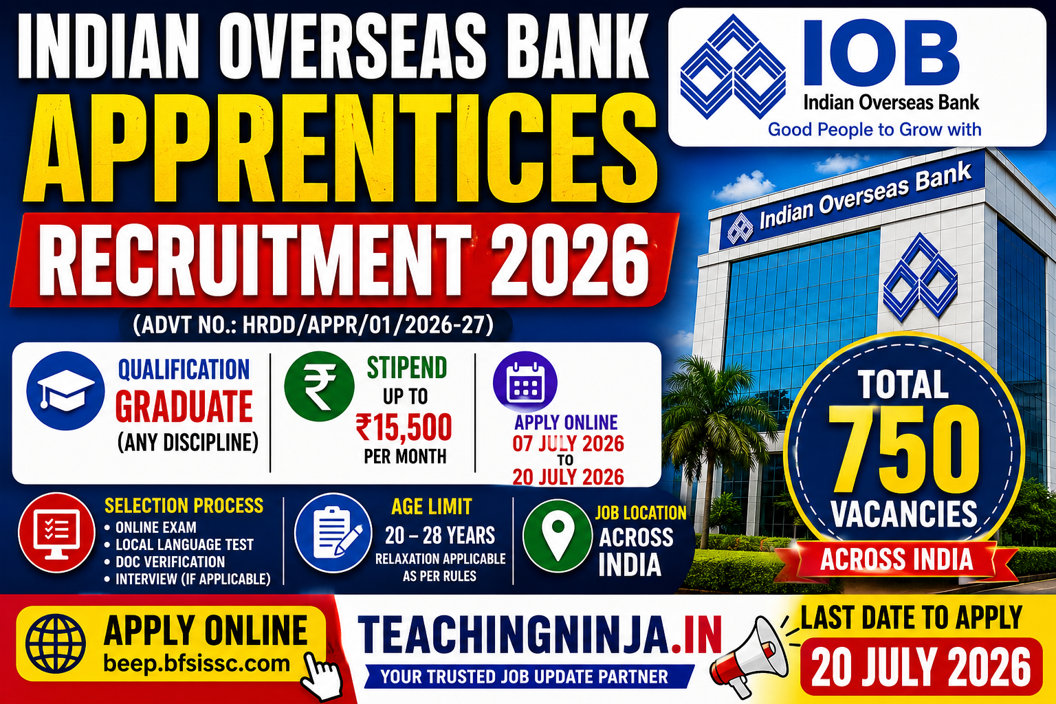 IOB Apprentice Recruitment 2026 Out – Apply Online for 750 Apprentice Posts | Stipend Up to ₹15,500/Month